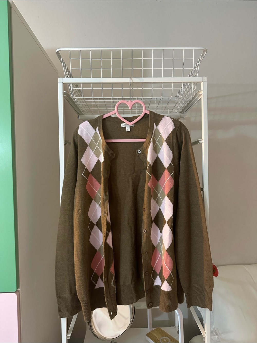 Croft and Barrow Brown and Pink Argyle Button-Up Sweater Cardigan - Women